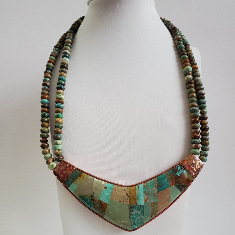 Copper Gold Turquoise Inlaid Native Necklace - Picture 8 of 9